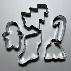 5 Vtg Metal Christmas Cookie Cutters Gingerbread Candy Cane Stocking Bell Tree‎